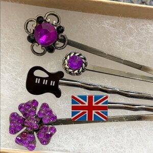 5 bobby pins purple gemstones British flag Beatles rock🎸royalty English grunge